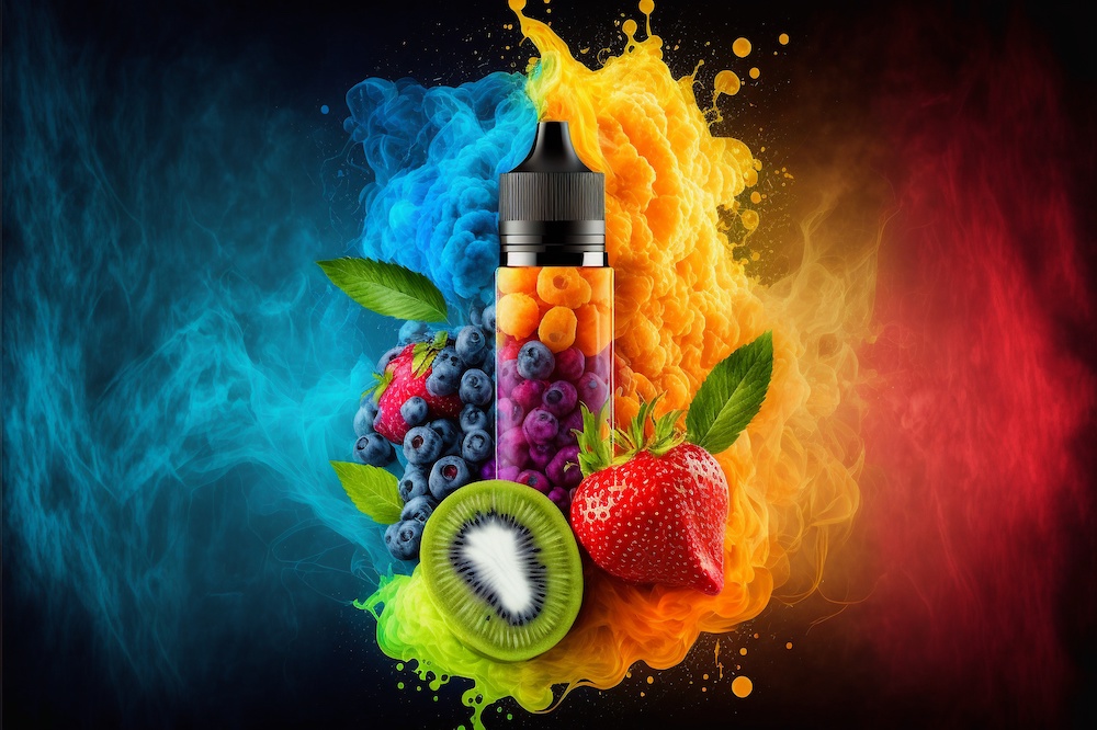 Abstrakt färgglad bild på vape med olika fruktdofter.